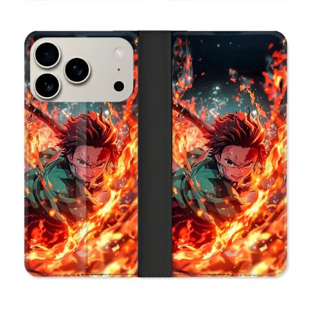 Housse cuir portefeuille Pour Iphone 18 Pro Manga Demon Slayer Tanjiro Feu