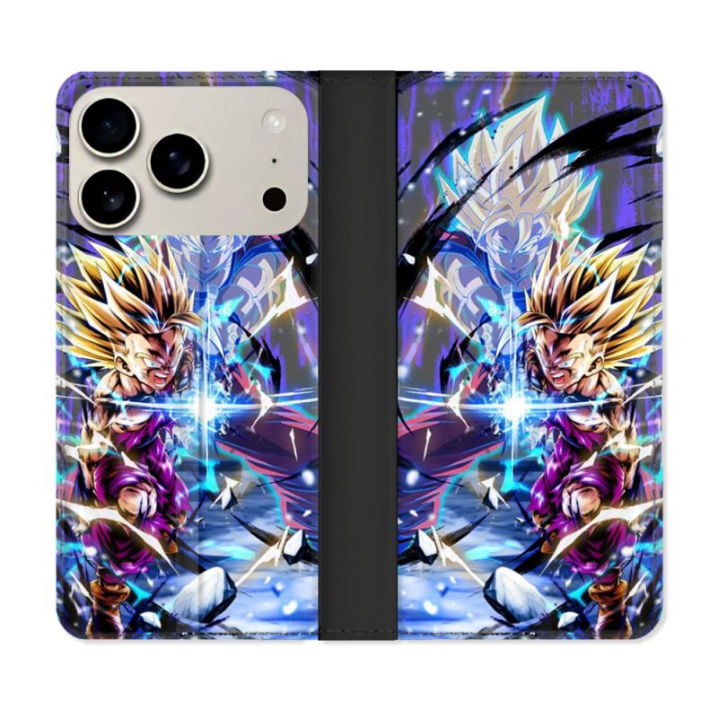 Housse cuir portefeuille Pour Iphone 18 Pro Manga Dragon Ball Sangohan Duo