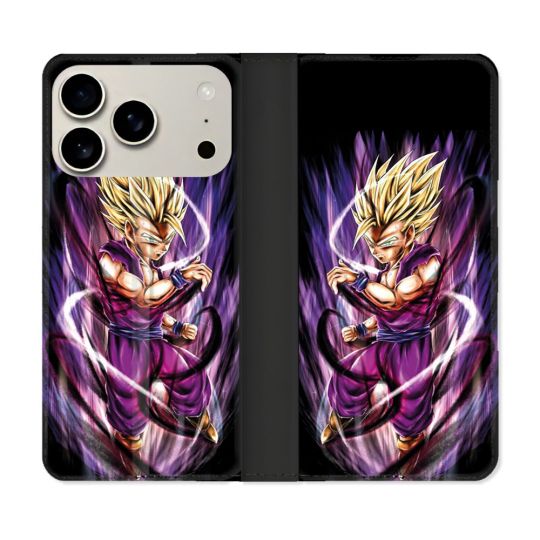 Housse cuir portefeuille Pour Iphone 18 Pro Manga Dragon Ball Sangohan Violet
