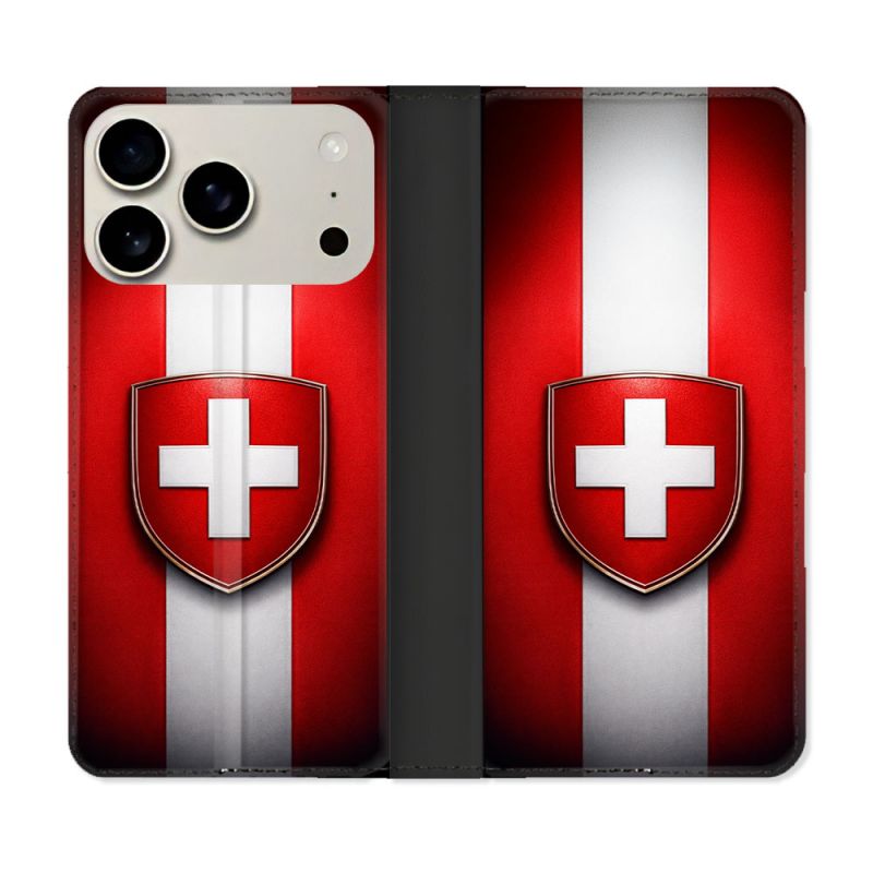Housse cuir portefeuille Pour Iphone 18 Pro Max Voyage Drapeau Suisse