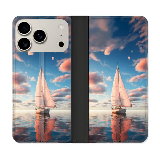 Housse cuir portefeuille Pour Iphone 18 Pro Max Voyage Voilier Reflet