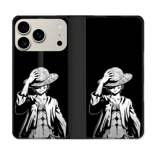 Housse cuir portefeuille Pour Iphone 18 Pro Manga One Piece Luffy Noir