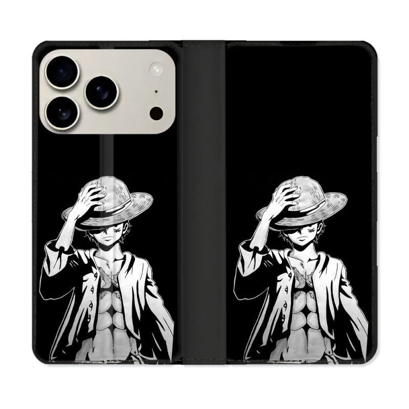 Housse cuir portefeuille Pour Iphone 18 Pro Manga One Piece Luffy Noir