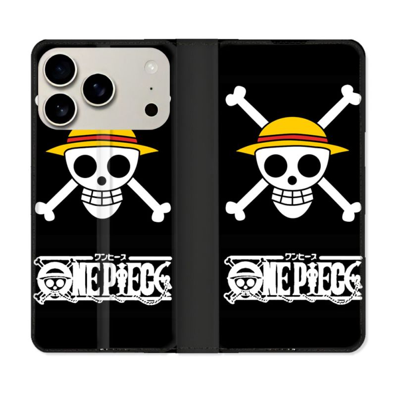 Housse cuir portefeuille Pour Iphone 18 Pro Manga One Piece Tete de Mort