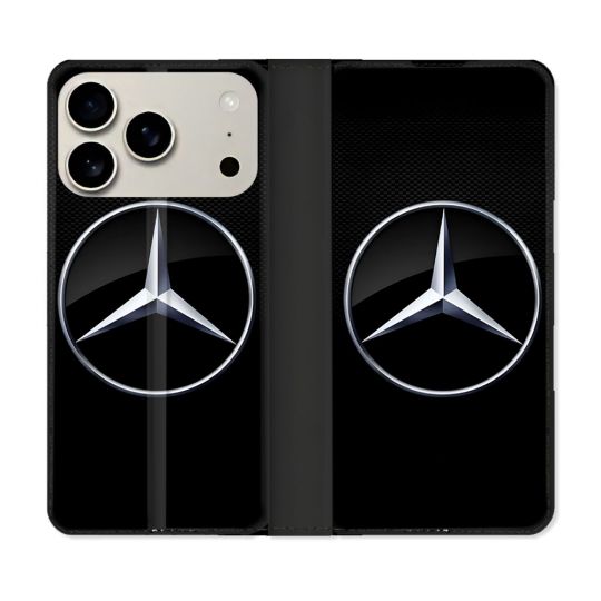 Housse cuir portefeuille Pour Iphone 18 Pro Mercedes Carbone