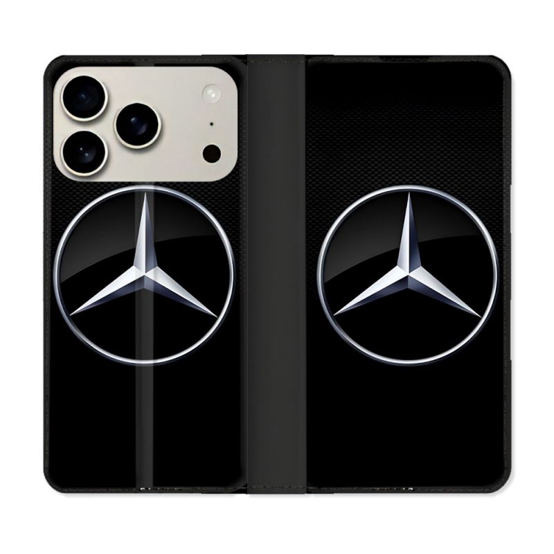 Housse cuir portefeuille Pour Iphone 18 Pro Mercedes Carbone