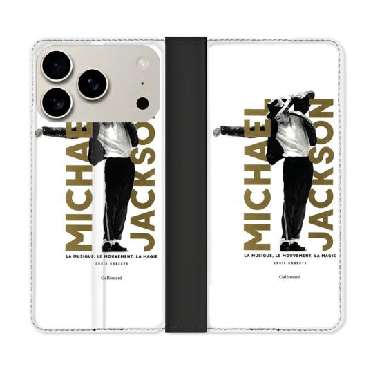 Housse cuir portefeuille Pour Iphone 18 Pro Michael Jackson Blanc