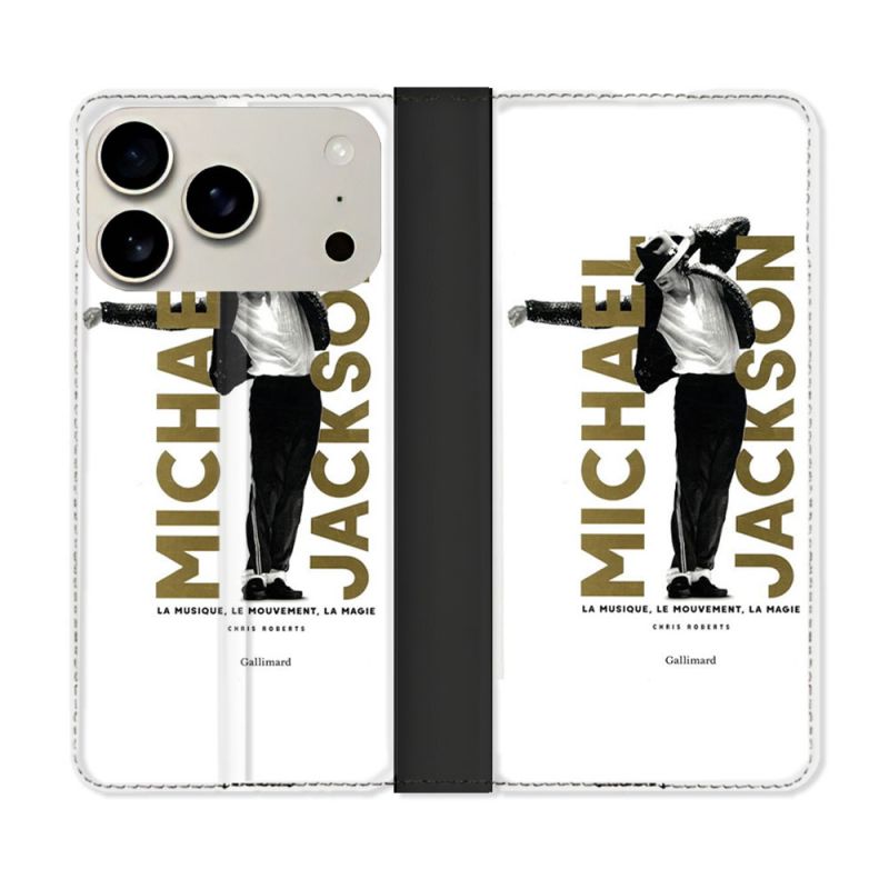 Housse cuir portefeuille Pour Iphone 18 Pro Michael Jackson Blanc