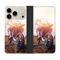 Housse cuir portefeuille Pour Iphone 18 Pro Moto Cross Soleil