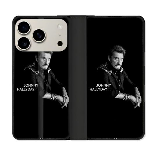 Housse cuir portefeuille Pour Iphone 18 Pro Musique Johnny Hallyday Noir
