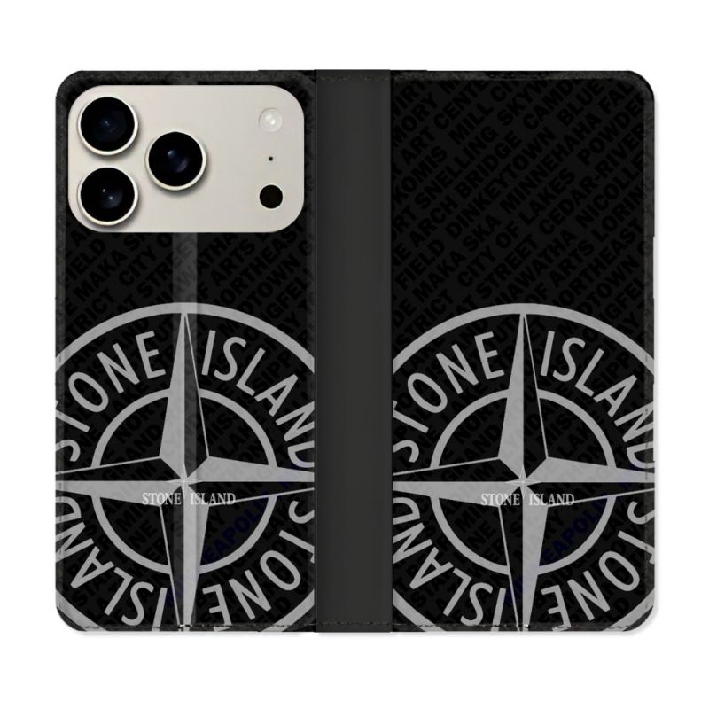 Housse cuir portefeuille Pour Iphone 18 Pro Stone Island Gris