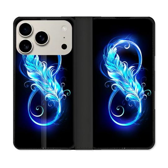 Housse cuir portefeuille Pour Iphone 18 Pro Texture Plume Infini Bleu