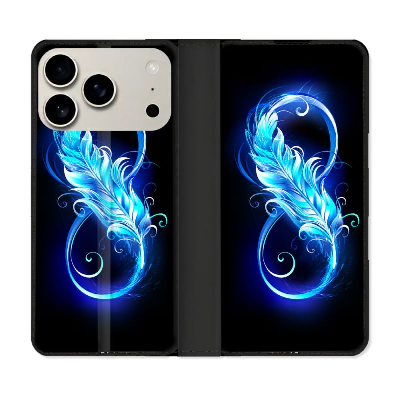 Housse cuir portefeuille Pour Iphone 18 Pro Texture Plume Infini Bleu