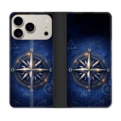 Housse cuir portefeuille Pour Iphone 18 Pro Voyage Rose des Vents Marine