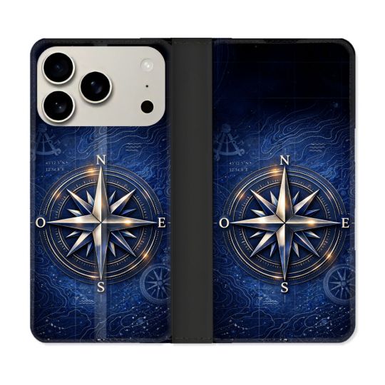 Housse cuir portefeuille Pour Iphone 18 Pro Voyage Rose des Vents Marine