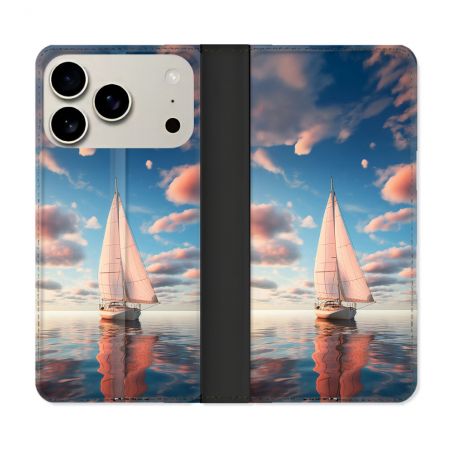 Housse cuir portefeuille Pour Iphone 18 Pro Voyage Voilier Reflet