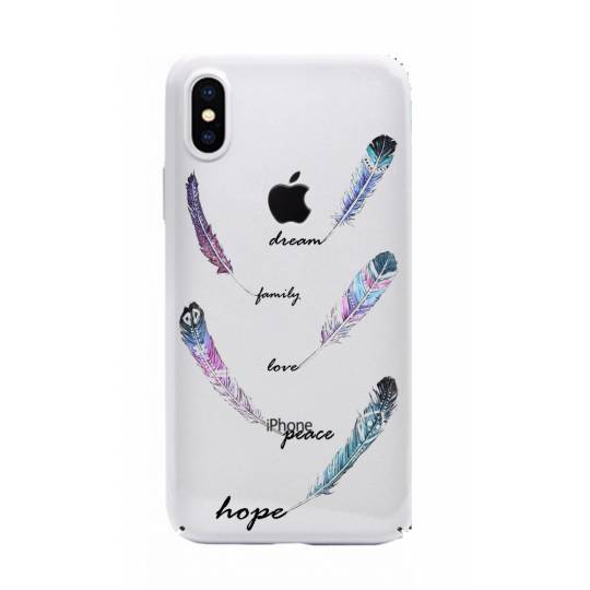 Coque transparente Iphone XS feminine plume couleur