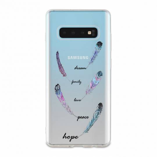 Coque transparente Samsung Galaxy S10 feminine plume couleur
