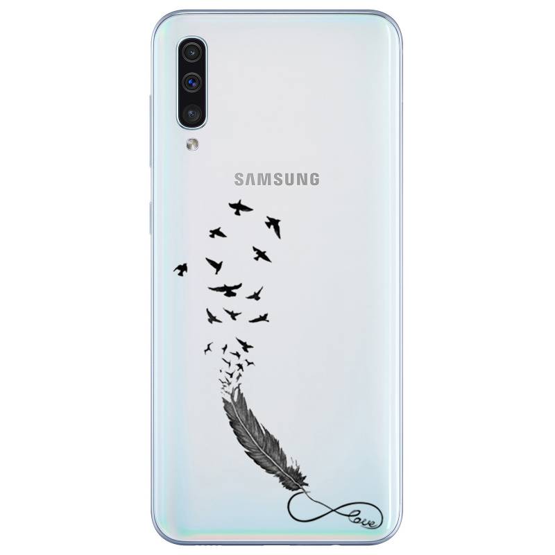 Coque transparente Samsung Galaxy A50 feminine plume infini