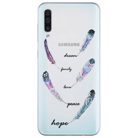 Coque transparente Samsung Galaxy A50 feminine plume couleur
