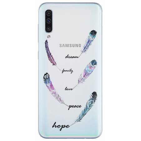 Coque transparente Samsung Galaxy A50 feminine plume couleur