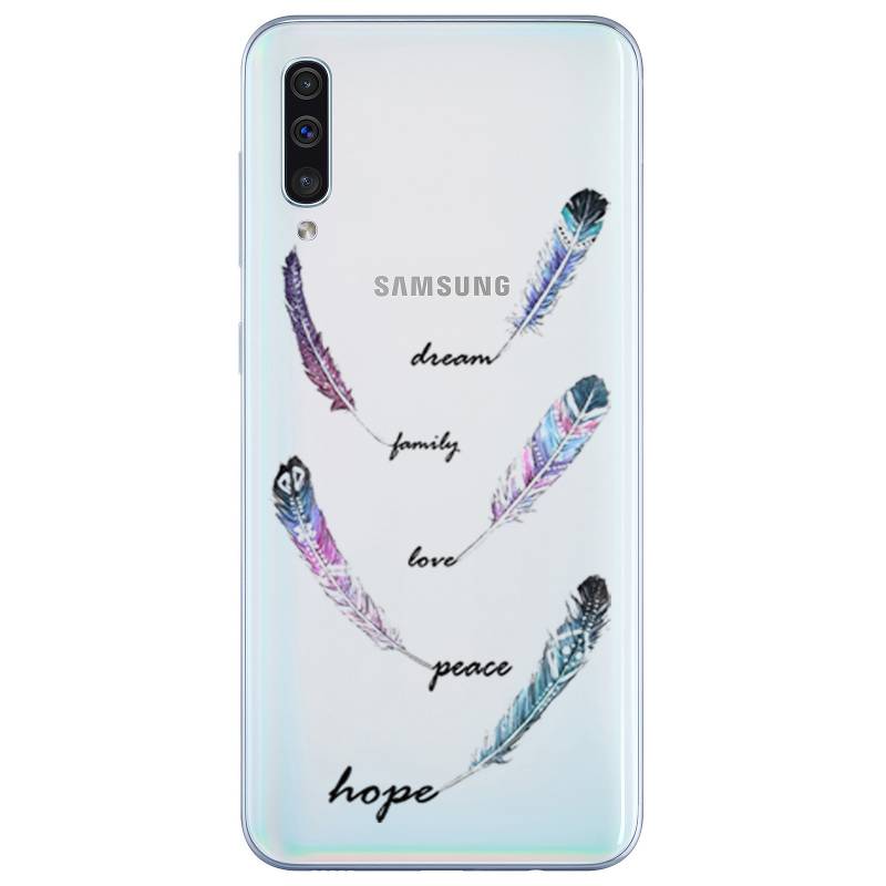 Coque transparente Samsung Galaxy A50 feminine plume couleur