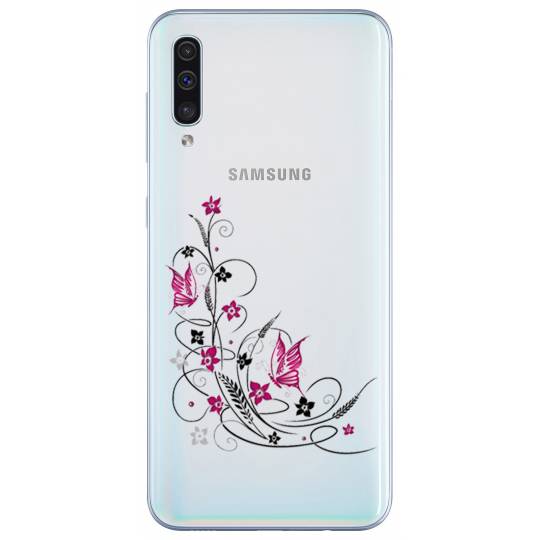 Coque transparente Samsung Galaxy A50 feminine fleur papillon