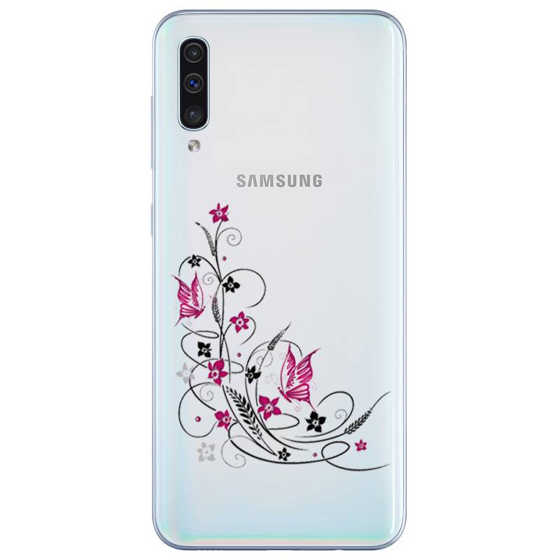 Coque transparente Samsung Galaxy A50 feminine fleur papillon