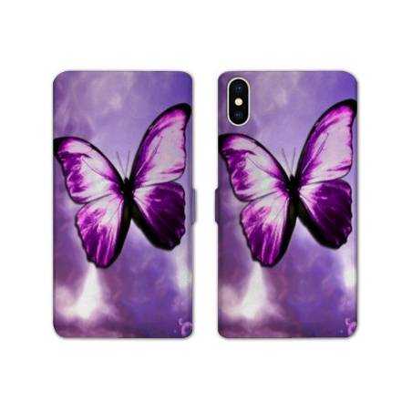 Housse cuir portefeuille Samsung Galaxy A10 papillons violet et blanc