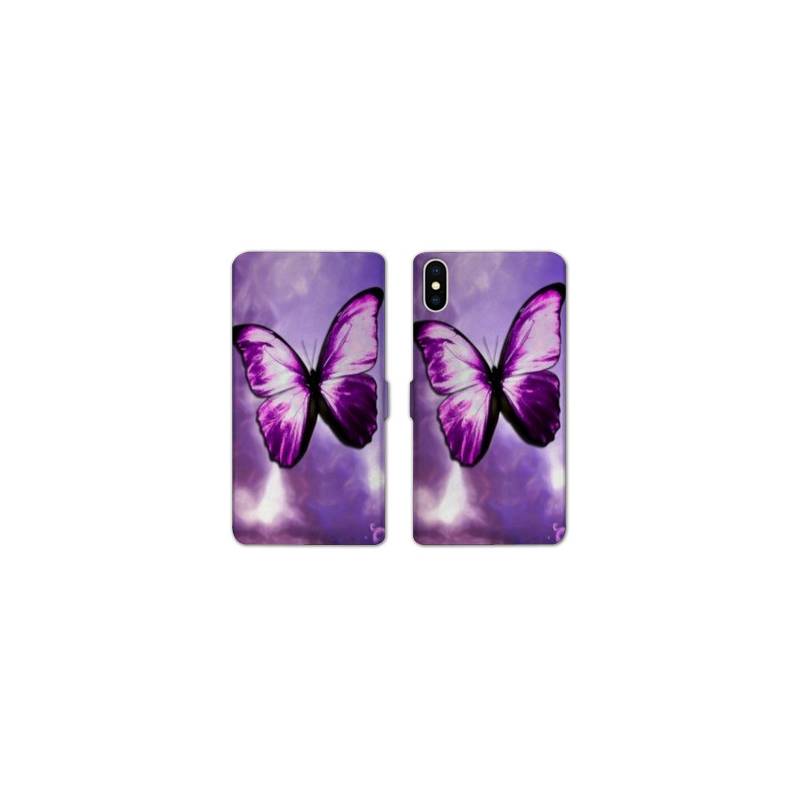 Housse cuir portefeuille Samsung Galaxy A10 papillons violet et blanc