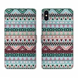 Housse cuir portefeuille Samsung Galaxy A10 motifs Aztec azteque turquoise