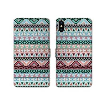 Housse cuir portefeuille Samsung Galaxy A10 motifs Aztec azteque turquoise