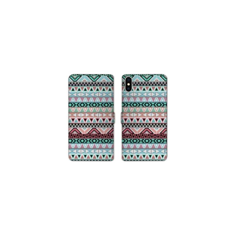 Housse cuir portefeuille Samsung Galaxy A10 motifs Aztec azteque turquoise