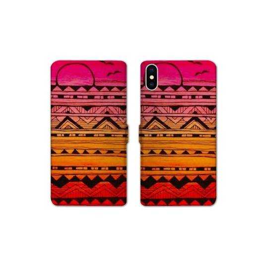 Housse cuir portefeuille Samsung Galaxy A10 motifs Aztec azteque soleil