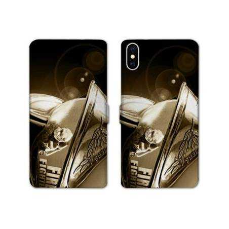 Housse cuir portefeuille Samsung Galaxy A10 pompier casque vintage