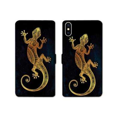 Housse cuir portefeuille Samsung Galaxy A10 Animaux Maori lezard noir