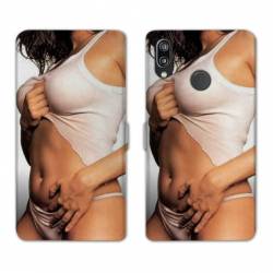 Housse cuir portefeuille Samsung Galaxy A20e Sexy tee shirt blanc