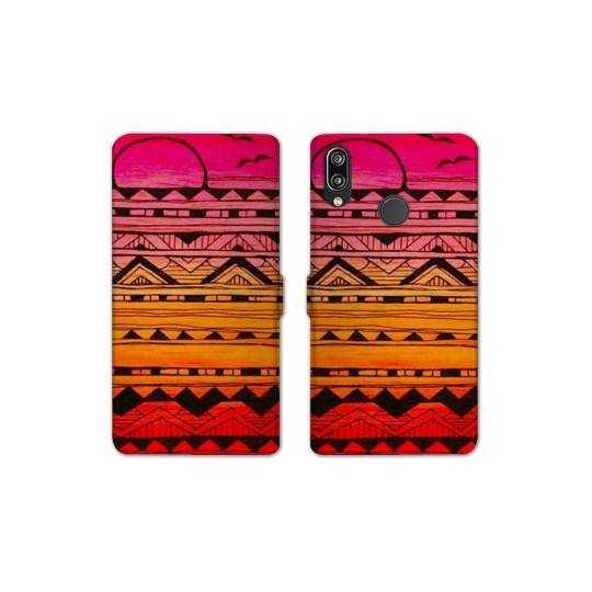 Housse cuir portefeuille Samsung Galaxy A20e motifs Aztec azteque soleil
