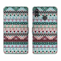 Housse cuir portefeuille Samsung Galaxy A20e motifs Aztec azteque turquoise