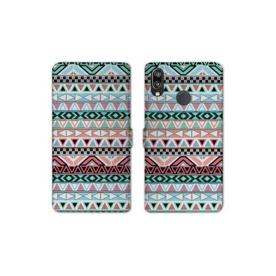 Housse cuir portefeuille Samsung Galaxy A20e motifs Aztec azteque turquoise