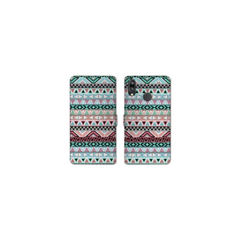 Housse cuir portefeuille Samsung Galaxy A20e motifs Aztec azteque turquoise