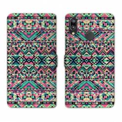 Housse cuir portefeuille Samsung Galaxy A20e motifs Aztec azteque rose