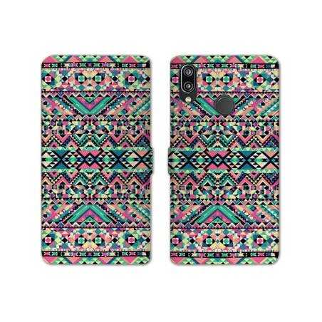 Housse cuir portefeuille Samsung Galaxy A20e motifs Aztec azteque rose