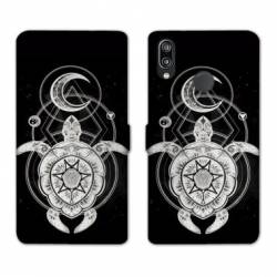 Housse cuir portefeuille Samsung Galaxy A20e Animaux Maori Tortue noir