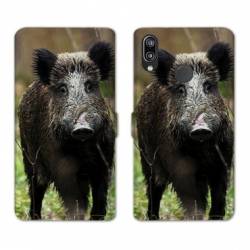 Housse cuir portefeuille Samsung Galaxy A20e chasse sanglier bois