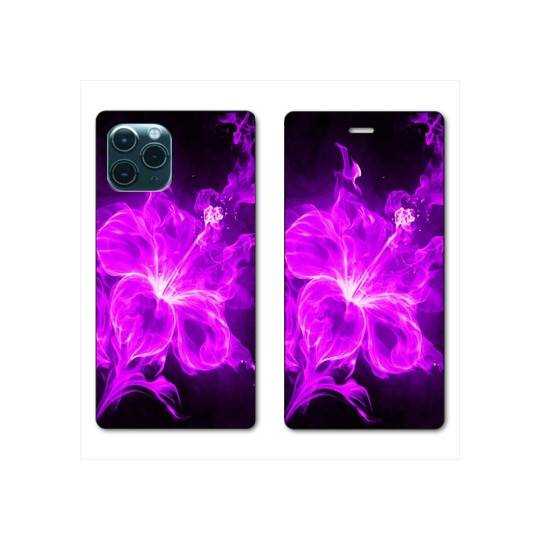 RV Housse cuir portefeuille Iphone 11 (5,8") fleur hibiscus violet