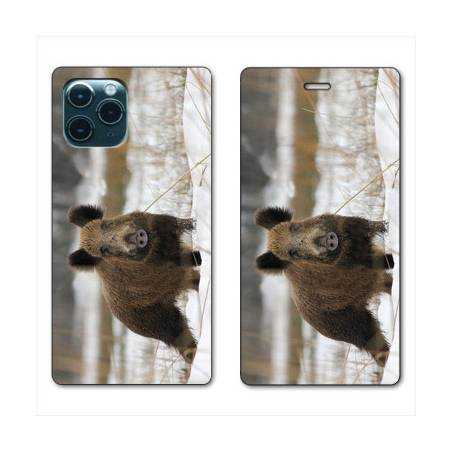 RV Housse cuir portefeuille Iphone 11 (5,8") chasse sanglier Neige