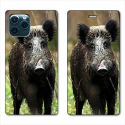 RV Housse cuir portefeuille Iphone 11 (5,8") chasse sanglier bois