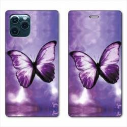 RV Housse cuir portefeuille Iphone 11 (5,8") papillons violet et blanc