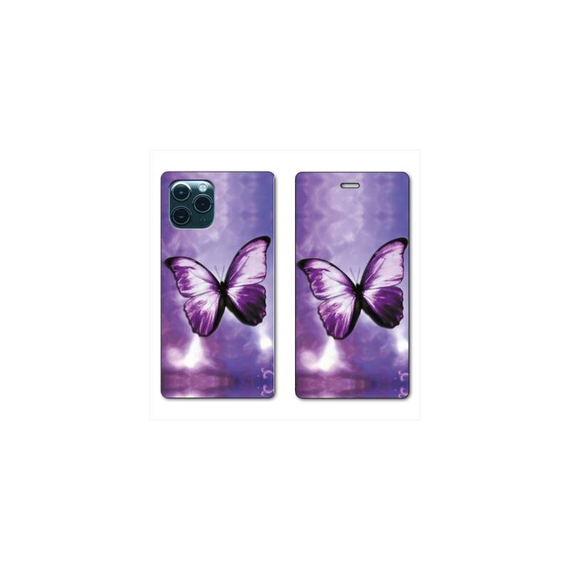 RV Housse cuir portefeuille Iphone 11 (5,8") papillons violet et blanc
